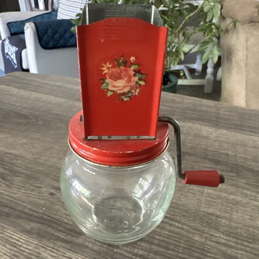 Vintage Nut Grinder Chopper Wood Handle Anchor Hocking Glass 5935 Red Floral